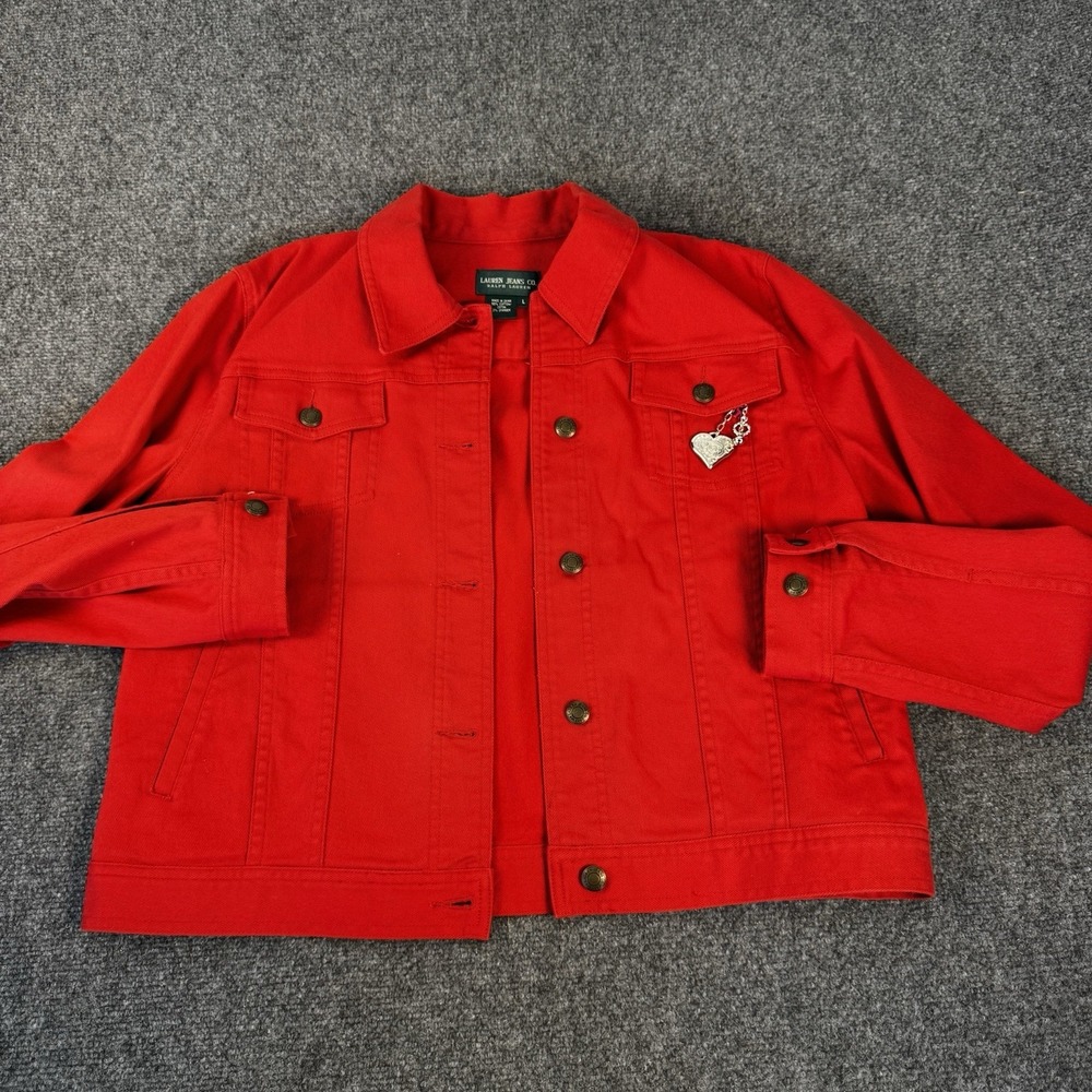 Lauren Jeans Co Ralph Lauren Red Denim Jacket Womens L Trucker Jean Coat Button